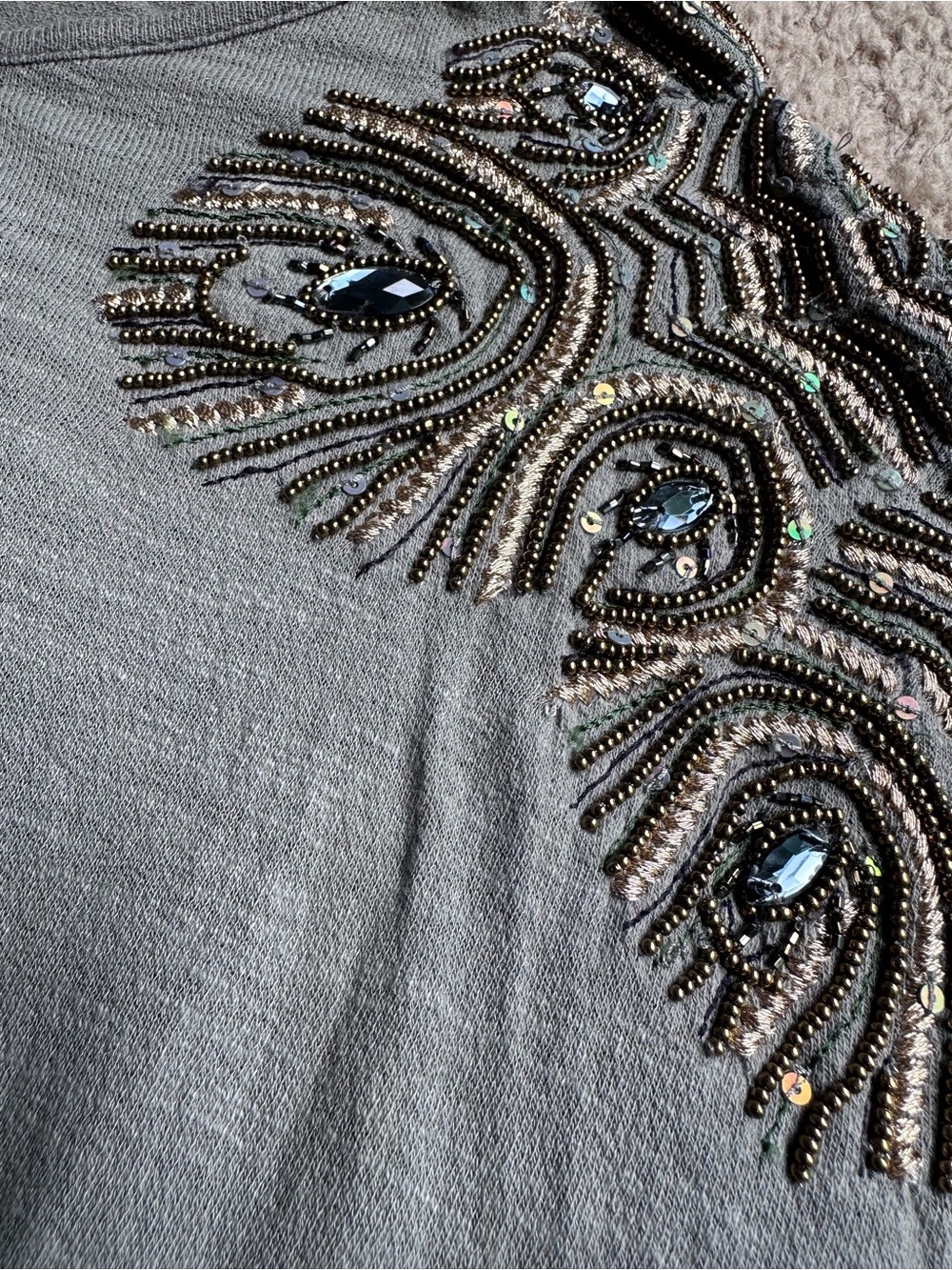 Anthropologie Embellished Olive Green Flutter-Sleeve Top - Picture 4 of 8